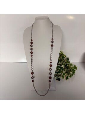 Long Silver Tone Chain Necklace Brown Metallic Beads Modern Statement Jewelry